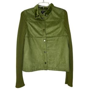 E Studio Y2K 90s Olive Green Jacket Women's S Faux Suede Knit Sleeve Snap